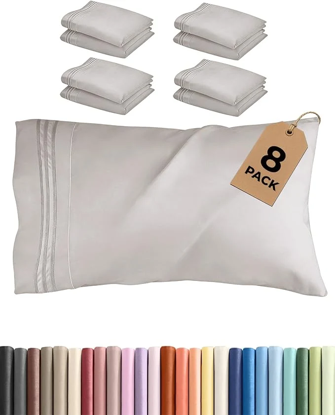 Convenient King Pillow Cases Set of 8 - Ultra Soft Hotel Quality Pillowcase Covers - Comfy. Cozy amp Wrinkle - Shrink Stain and Fade Resistant - Machine Washable Pillow Protectors - 8 Piece Set - Light Grey Luxury