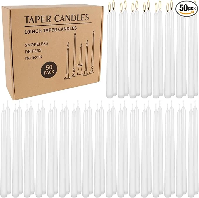 Secure WPONSZU 50 Pack White Taper Candles 7-8 Hours Burn Time Smokeless and Dripless Next-Generation