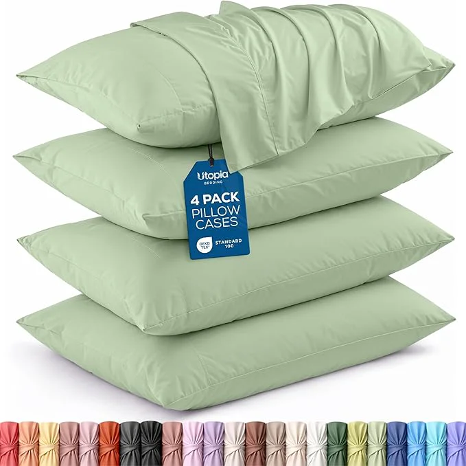 Enhanced Utopia Bedding Queen Pillow Cases - Pack of 4 - Envelope Closure - Soft Brushed Microfiber Fabric - Shrinkage and Fade Resistant Pillow Covers Queen Size 20 X 30 Inches Queen Sage High-End