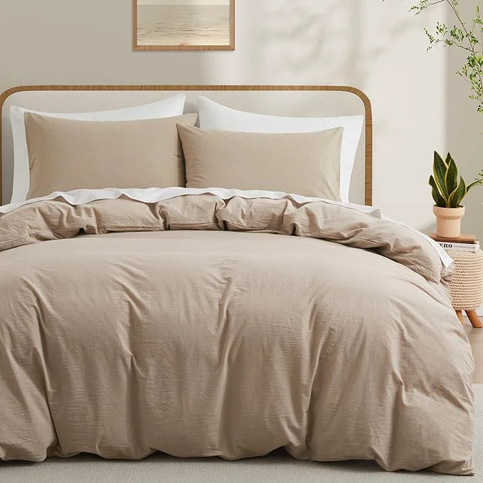 Comfortable Washed Cotton Duvet Cover Set Linen Like Natural Bedding Set with Zipper Closure No Comforter 104x98 Inches Cal King Linen Grey Enhanced