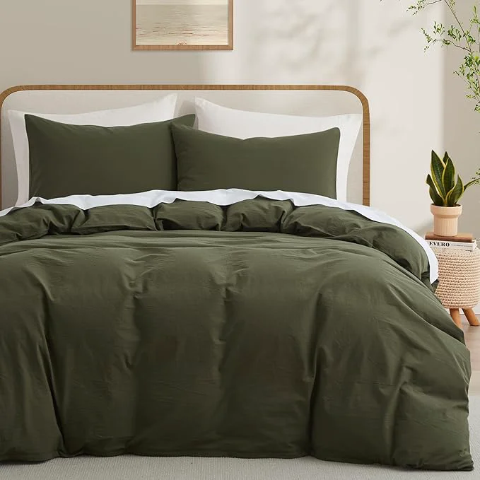 Stylish LOVQUE Olive Green Duvet Cover Full Size Washed Cotton Linen Like Bedding Set with Zipper Closure No Comforter 80x90 Inches Fast