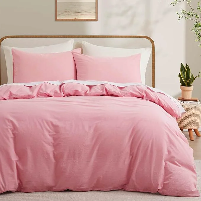 Secure LOVQUE Pink Cotton Duvet Cover King Size Linen Like Natural Bedding Set with Zipper Closure No Comforter 104x90 Inches Exclusive