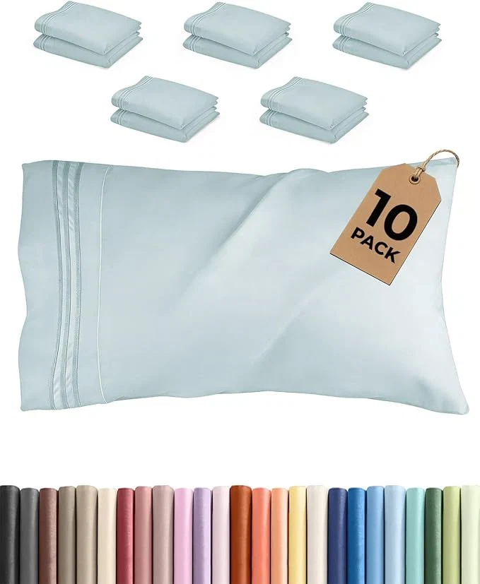 Secure King Pillow Cases Set of 10 - Ultra Soft Hotel Quality Pillowcase Covers - Comfy amp Wrinkle - Shrink Stain amp Fade Resistant - Easy-Care Machine Washable Pillow Protectors - 10 Pcs Set - Ice Blue Elegant