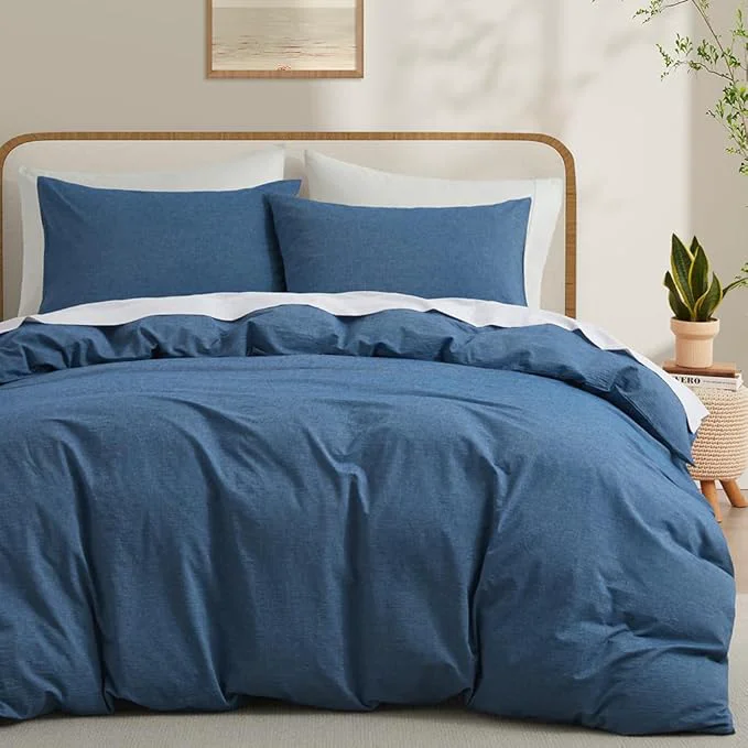 Certified Blue Duvet Cover Full Size Washed Cotton Linen Like Bedding Set with Zipper Closure No Comforter 80x90 Inches Effective