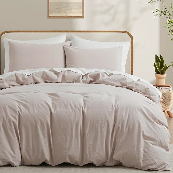 Next-Generation LOVQUE Bedding Duvet Cover Queen Size Washed Cotton Linen Like Natural Bedding Set with Zipper Closure No Comforter 90x90 Light Linen Grey Selected