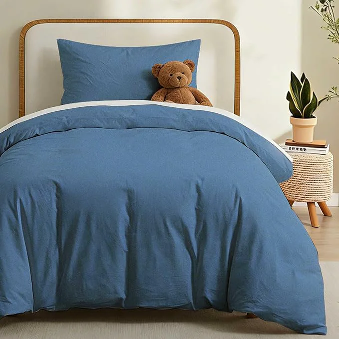 Exclusive LOVQUE Washed Cotton Duvet Cover Twin Size Denim Blue Fade-Resistant Natural Bedding Set No Comforter 68x90 Inches Authentic