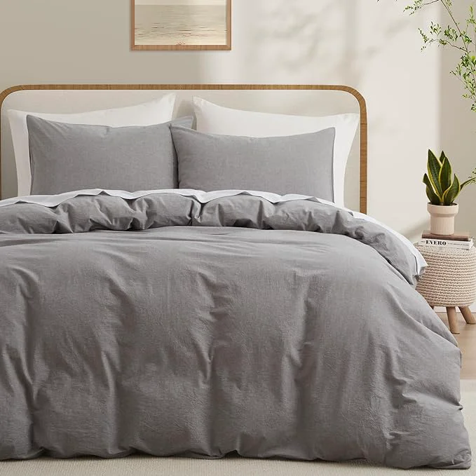 Durable LOVQUE Light Grey Duvet Cover Full Size Washed Cotton Linen Like Bedding Set with Zipper Closure No Comforter 80x90 Inches Top-Quality