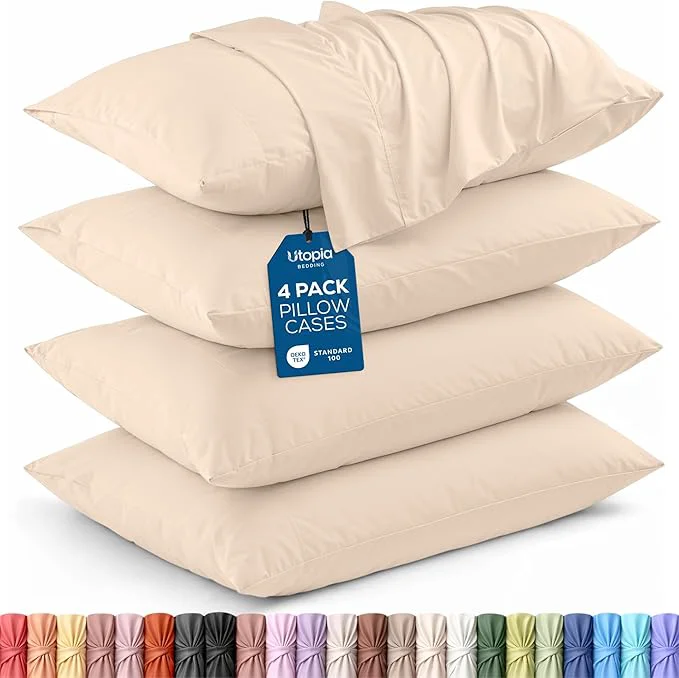 Organic Utopia Bedding Standard Pillow Cases - 4 Pack - Envelope Closure - Soft Brushed Microfiber Fabric - Shrinkage and Fade Resistant Pillow Covers Standard Size 20 X 26 Inches Standard Beige Certified