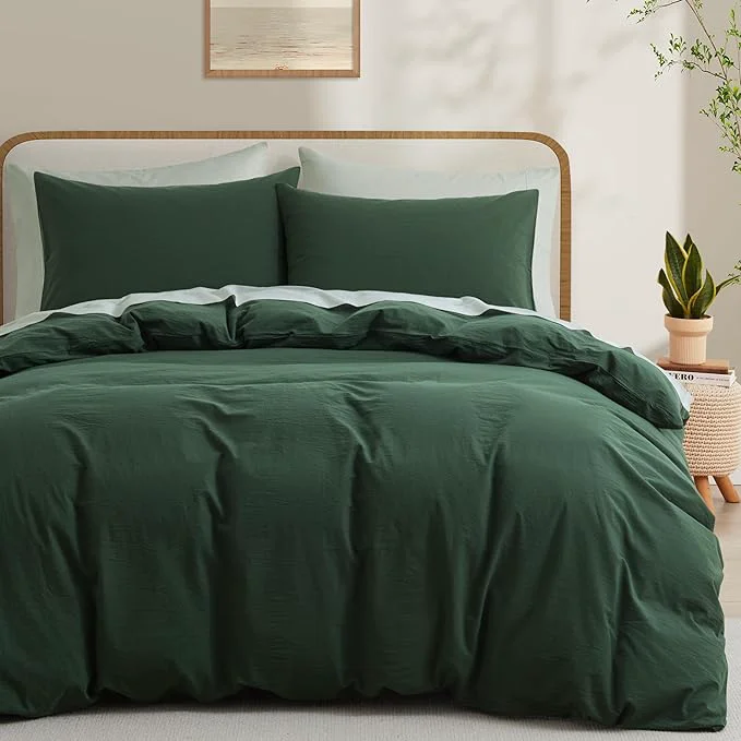 Innovative LOVQUE Bedding Duvet Cover Queen Size Washed Cotton Linen Like Natural Bedding Set with Zipper Closure No Comforter 90x90 Forest Green Proven