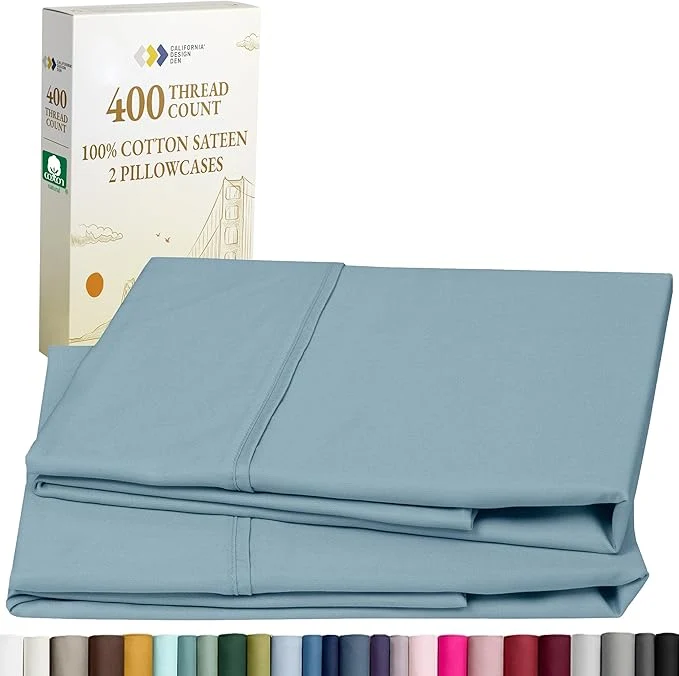 High-Quality California Design Den Standard Queen Size Pillowcase Set - 400 Thread Count Cotton Sateen Set of 2 Pillow Covers Soft and Breathable - Sky Blue Organic