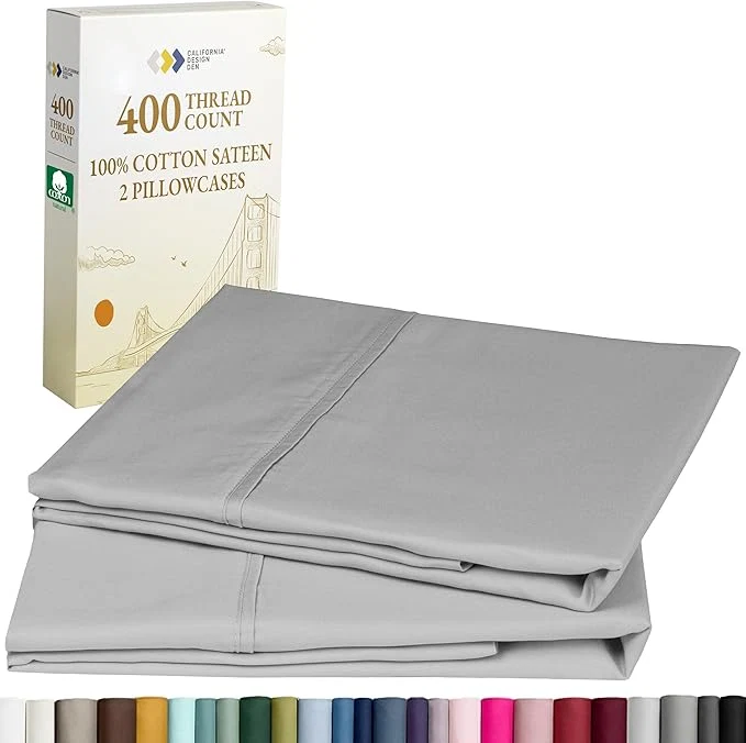 First-Class California Design Den Standard Queen Size Pillowcase Set - 400 Thread Count Cotton Sateen Set of 2 Pillow Covers Soft and Breathable - Light Grey Sustainable