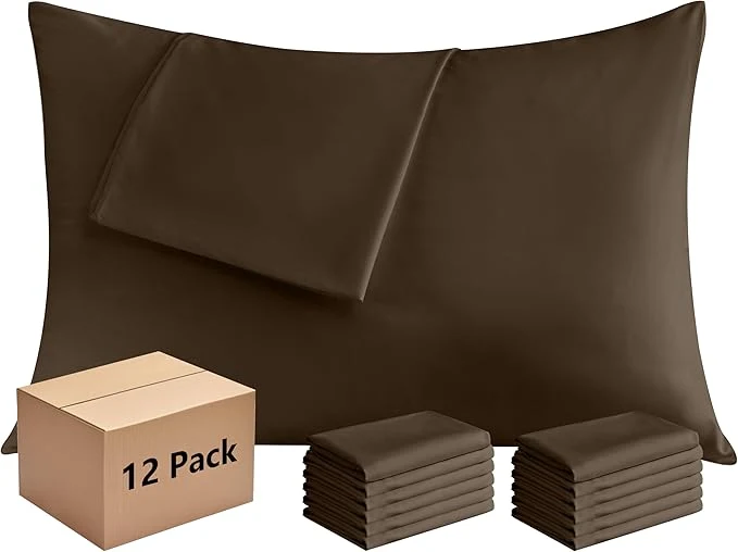 Smooth Pillowcases Queen 12 Pack 20x30 Pillow Cases with Envelope Closure Soft Plain Brushed Microfiber Covers Breathable Wrinkle-Resistant Brown Trusted