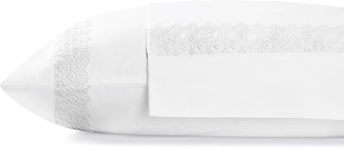 Premium Material Linen Home Cotton Percale Floral Scallop Lace Pillowcases Queen Standard Size White 2 Pieces of Pillow Case Crisp and Cool Strong Bed Linen 20 inches X 30 inches Relaxed