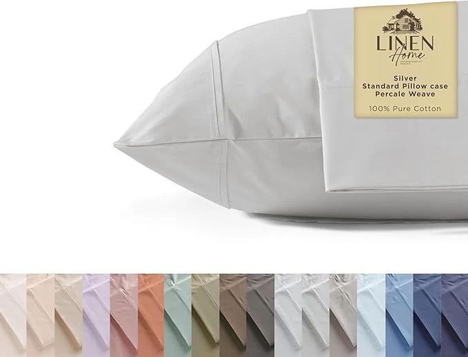 Casual Linen Home Cotton Percale Pillowcases Queen Size Silver 2 Pieces of Pillow Case Crisp and Cool Strong Bed Linen 20 inches X 30 inches Convenient