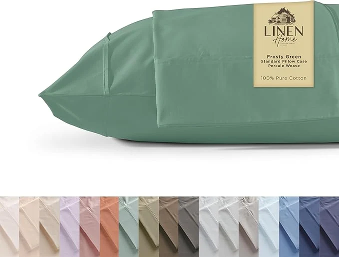 Top-Quality Linen Home Cotton Percale Pillowcases Queen Size Frosty Green 2 Pieces of Pillow Case Crisp and Cool Strong Bed Linen 20 inches X 30 inches Pure