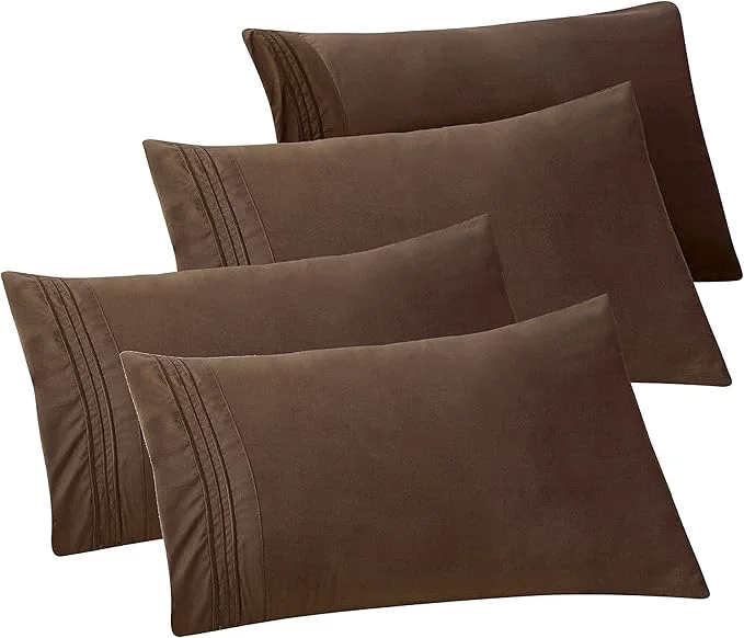 Traditional Elegant Comfort 4-PACK Solid Pillowcases 1500 Premium Hotel Quality Microfiber - Smooth Weave Wrinkle and Stain Resistant Easy Slip-On 4-Piece Set King Pillowcase Brown Sustainable