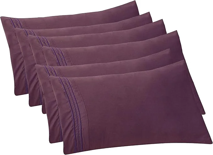 Top-Quality Elegant Comfort 6-PACK Solid Pillowcases 1500 Premium Hotel Quality Microfiber - Smooth Weave Wrinkle and Stain Resistant Easy Slip-On 6-Piece Set King Pillowcase Purple Practical