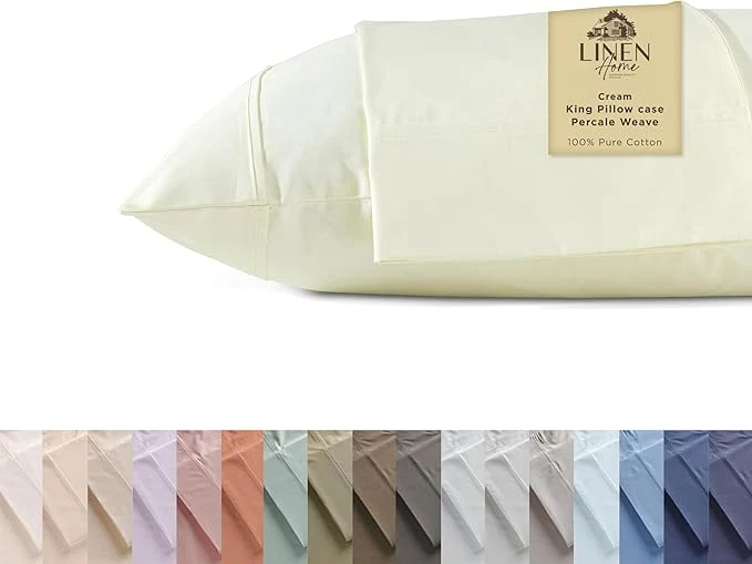 Casual Linen Home Cotton Percale Pillowcases King Size Cream 2 Pieces of Pillow Case Crisp and Cool Strong Bed Linen 20 inches X 40 inches Relaxed