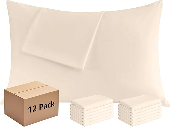 Reusable Pillowcases Standard 12 Pack 20x26 Pillow Cases with Envelope Closure Soft Plain Brushed Microfiber Covers Breathable Wrinkle-Resistant Beige Classic