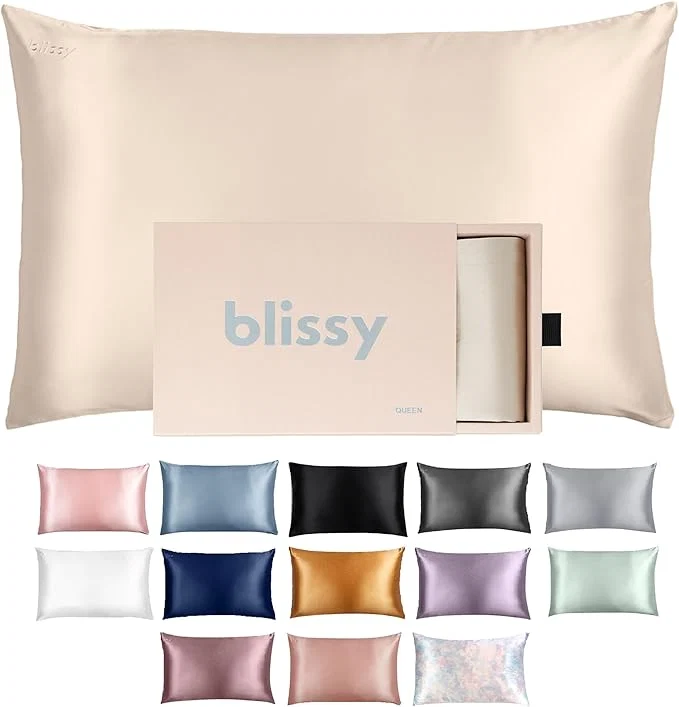 Classic Blissy Silk Pillowcase - Pure Mulberry Silk - 22 Momme 6A High-Grade Fibers - Silk Pillow Cover for Hair amp Skin - Regular Queen amp King Champagne Queen Advanced