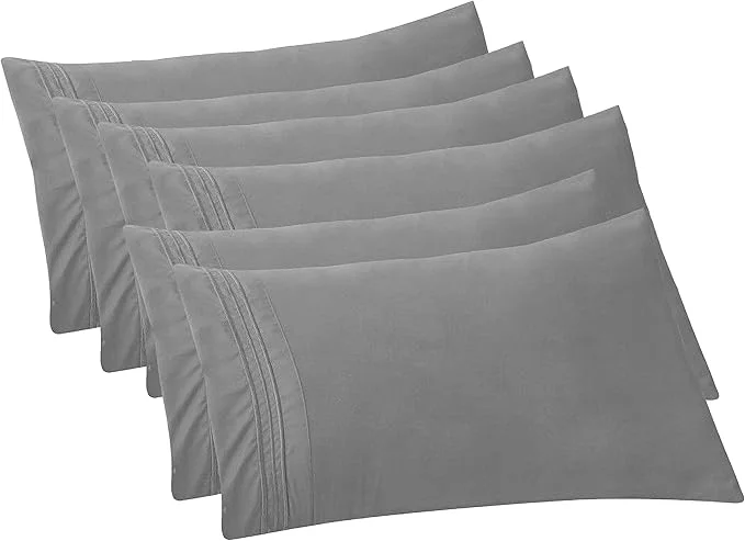 Refined Elegant Comfort 6-PACK Solid Pillowcases 1500 Premium Hotel Quality Microfiber - Smooth Weave Wrinkle and Stain Resistant Easy Slip-On 6-Piece Set King Pillowcase Gray Premium Material