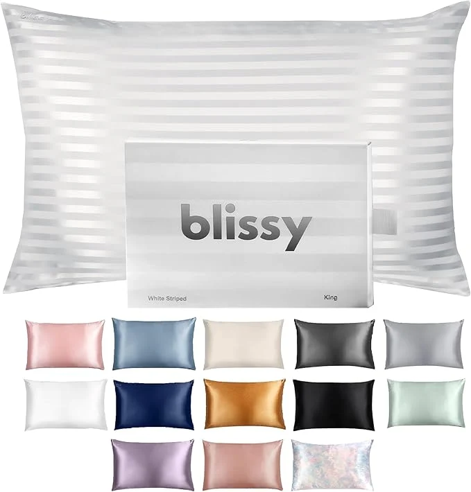 Practical Blissy Silk Pillowcase - Pure Mulberry Silk - 22 Momme 6A High-Grade Fibers - Silk Pillow Cover for Hair amp Skin - Regular Queen amp King White Striped Queen Convenient