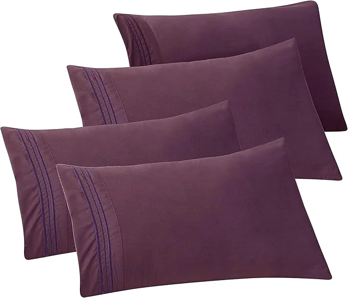 Enhanced Elegant Comfort 4-PACK Solid Pillowcases 1500 Premium Hotel Quality Microfiber - Smooth Weave Wrinkle and Stain Resistant Easy Slip-On 4-Piece Set Standard Queen Pillowcase Purple Expertly Made