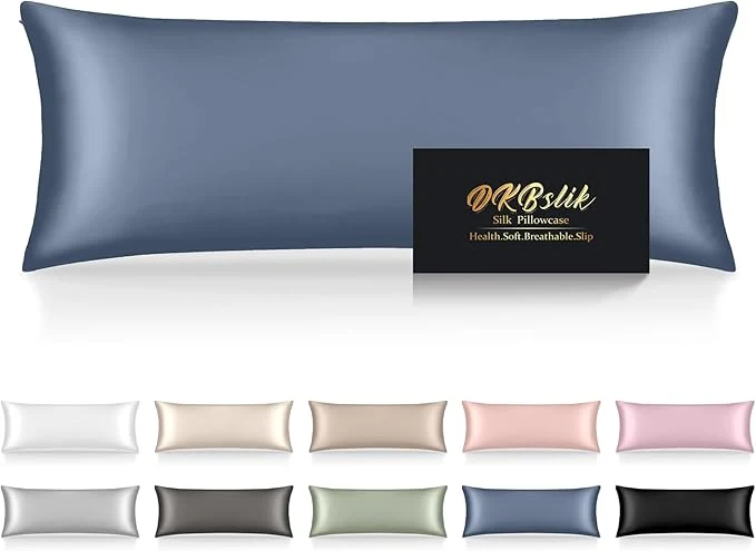 Recyclable Silk Body Pillow Cases Mulberry Silk Body Pillow Cover with Zipper Smooth Anti Acne Cooling Sleep Both Sides Natural Silk Satin 20x54 Body Pillowcase Gifts for Women Men Ash Blue Artisan
