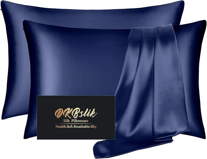 Authentic Silk Pillowcase 2 Pack Natural Mulberry Silk Pillow Case Anti Acne Silk Pillowcase for Hair and Skin King Size Silk Satin Pillowcase Set of 2 with Hidden Zipper Gifts for Women Men Navy Blue Casual