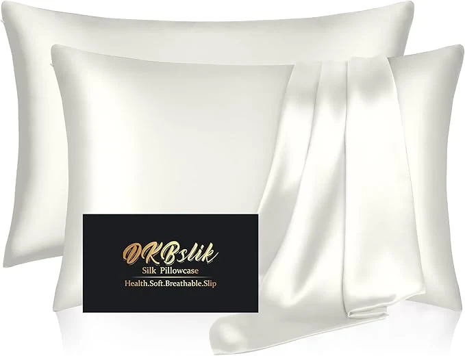 Superior Silk Pillow Cases 2 Pack Mulberry Silk Pillowcases Standard Set of 2 Health Smooth Anti Acne Beauty Sleep Both Sides Natural Silk Satin Pillow Cases for Women 2 Pack with Zipper for Gift Ivory Genuine