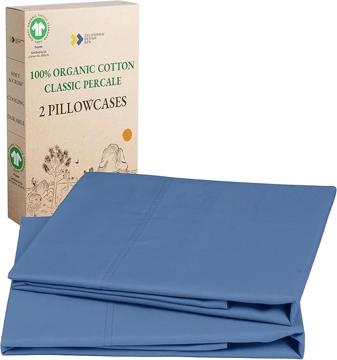 Clean California Design Den Pillow Cases King Size Set of 2 - Soft Organic Cotton Crisp and Breathable Percale Durable Organic Pillow Cases with Envelope Closure - Riviera Blue Pure