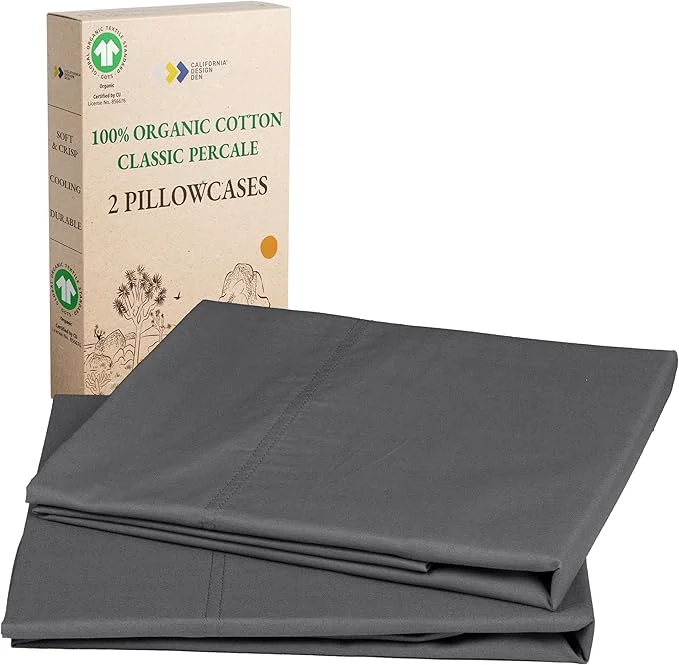 Verified California Design Den Organic Cotton King Size Pillow Case Pair Set of 2 Soft amp Crisp Percale Weave Cotton Pillowcases Grey Eco-Friendly