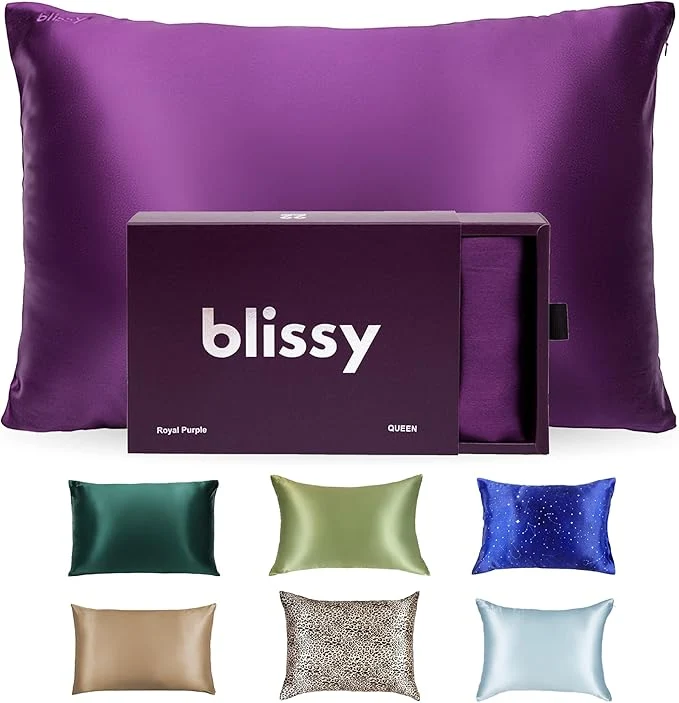 Genuine Blissy Silk Pillowcase - Pure Mulberry Silk - 22 Momme 6A High-Grade Fibers - Silk Pillow Cover for Hair amp Skin - Regular Queen amp King Royal Purple Queen Contemporary