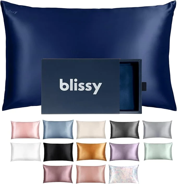 Blissy Silk Pillowcase - Pure Mulberry Silk - 22 Momme 6A High-Grade Fibers - Silk Pillow Cover for Hair amp Skin - Regular Queen amp King Blue Queen Exceptional