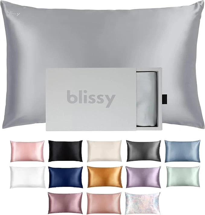 Lightweight Blissy Silk Pillowcase - Pure Mulberry Silk - 22 Momme 6A High-Grade Fibers - Silk Pillow Cover for Hair amp Skin - Regular Queen amp King Silver King Verified