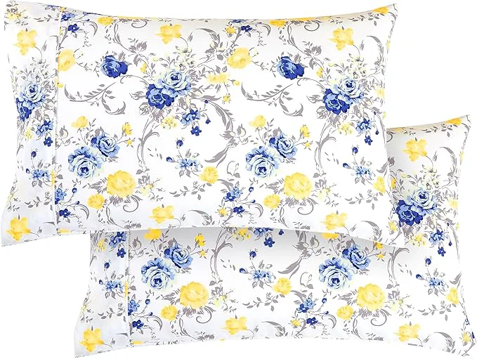Relaxed Elegant Comfort Ultra Soft Set of 2 Floral Print Pillowcases - 1500 Premium Hotel Quality Microfiber Soft and Smooth Envelope Closure 2-Piece Pillow Covers - Standard Queen Gold Jenna Carefully Designed