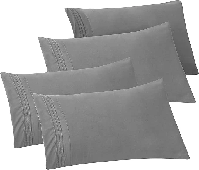 World-Class Elegant Comfort 4-PACK Solid Pillowcases 1500 Premium Hotel Quality Microfiber - Smooth Weave Wrinkle and Stain Resistant Easy Slip-On 4-Piece Set Standard Queen Pillowcase Gray Enhanced