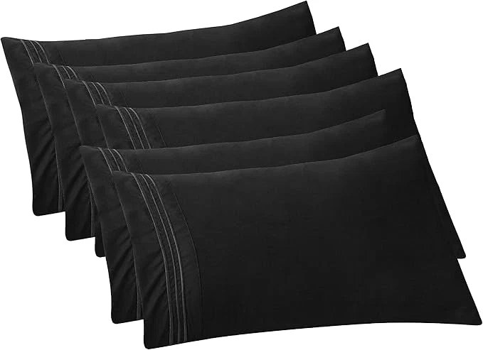 Fast Elegant Comfort 6-PACK Solid Pillowcases 1500 Premium Hotel Quality Microfiber - Smooth Weave Wrinkle and Stain Resistant Easy Slip-On 6-Piece Set Standard Queen Pillowcase Black Reliable