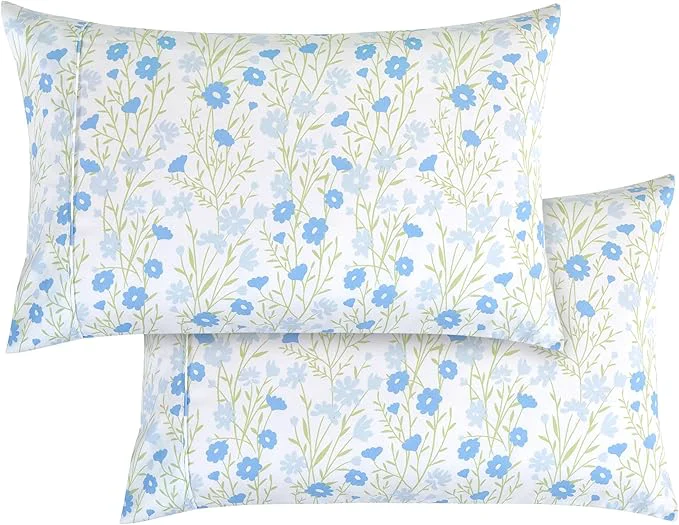 High-Grade Elegant Comfort Ultra Soft Set of 2 Floral Print Pillowcases - 1500 Premium Hotel Quality Microfiber Soft and Smooth Envelope Closure 2-Piece Pillow Covers - Standard Queen Blue Laurel Artisan