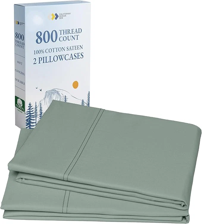 Luxury California Design Den Standard Queen Size Pillow Cases Set of 2 - Luxuriously Soft and Thick 800 Thread Count Smooth Sateen Natural Cotton Pillowcases Queen Durable -Sage Green High-Quality