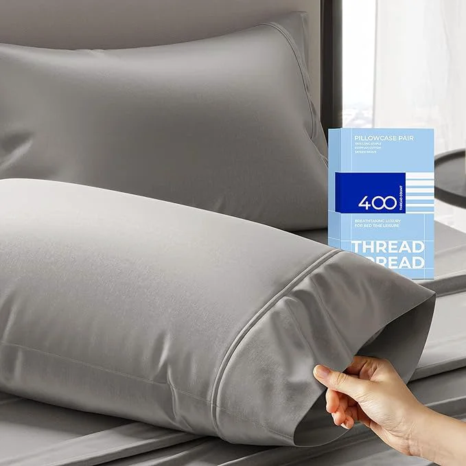 Artisan THREAD SPREAD Cotton King Size Pillow Cases Set of 2 - Luxury 400 Thread Count Pillow Cases King Size Dark Grey Soft Cooling Breathable amp Durable Sateen Weave Hotel Quality Cotton Pillowcases Eco-Friendly