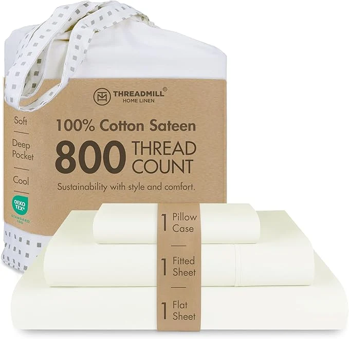 Elite Threadmill Luxury 800 Thread Count Twin Cotton Sheets - Ivory Sateen Weave Bed-Sheets Better Than Egyptian Cotton 3 Pc Solid Soft Bedding Set Fits 15 quot Deep Pocket Durable