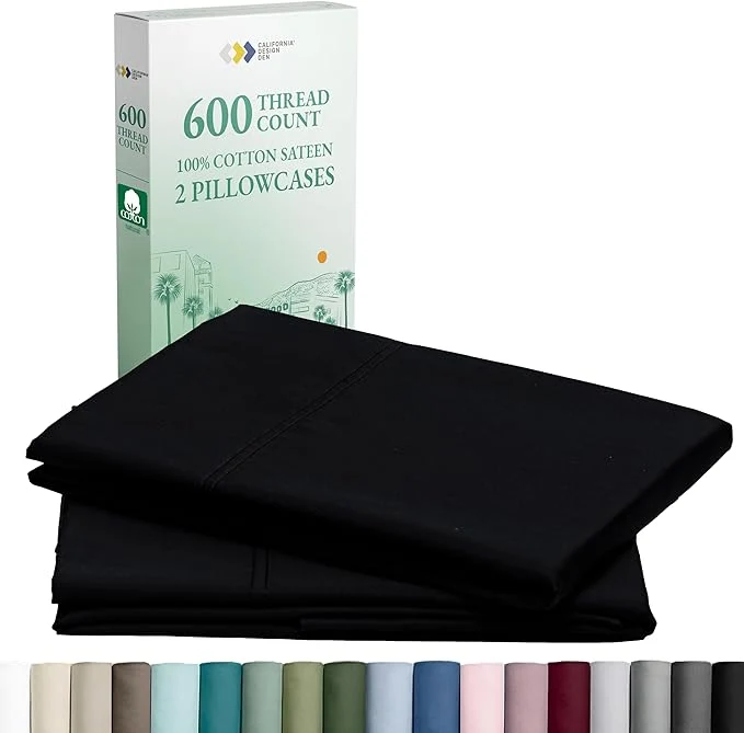 Exclusive California Design Den Premium Pillow Cases Queen Size Set of 2-600 Thread Count Sateen Natural Cotton Pillow Cases Standard Queen Crisp Durable Bedding - Black High-Performance