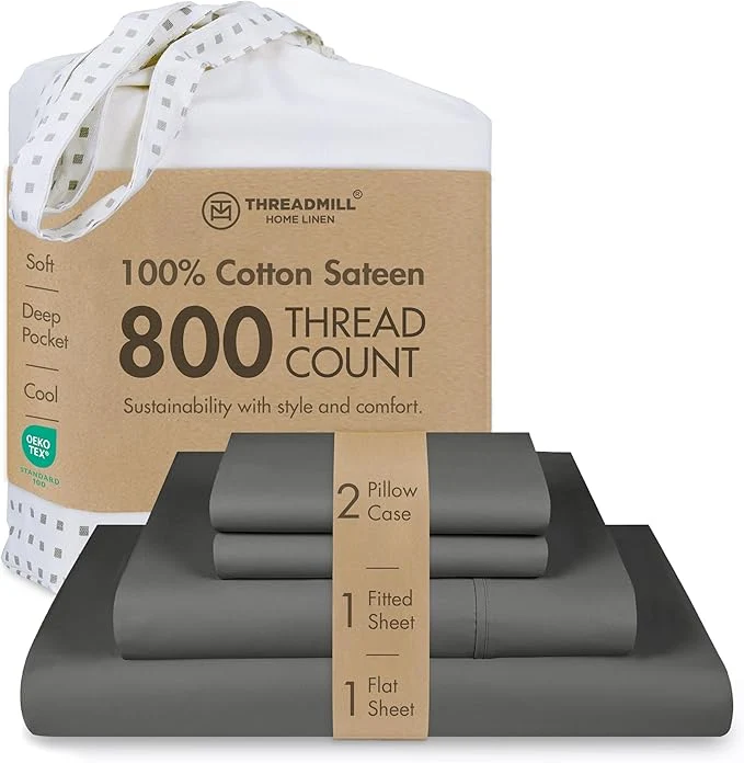 Organic Threadmill Luxury 800 Thread Count California King Cotton Sheets - Dark Grey Sateen Weave Bed-Sheets Better Than Egyptian Cotton 4 Pc Solid Bedding Set Fits 16 quot Deep Pocket Smooth