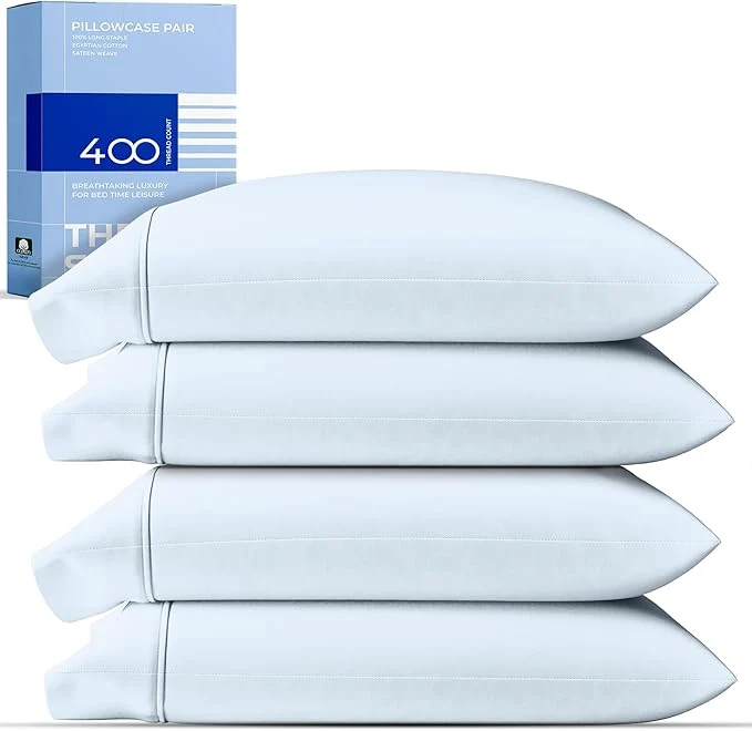 Easy-to-Use THREAD SPREAD Cotton Pillow Cases Queen Size Set of 2 - Luxury 400 Thread Count Queen Pillow Cases Light Blue Soft Cooling Breathable Hotel Quality Cotton Pillowcases Fits Standard Pillows Responsible
