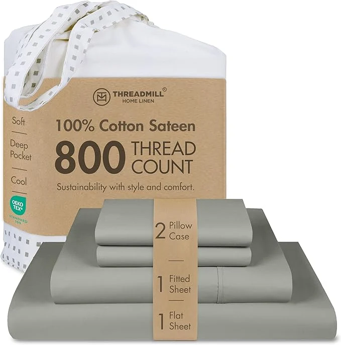 Fine Threadmill Luxury 800 Thread Count Queen Cotton Sheets - Moonrock Grey Sateen Weave Bed-Sheets Better Than Egyptian Cotton 4 Pc Solid Soft Bed Set Fits 16 quot Deep Pocket Long-Lasting