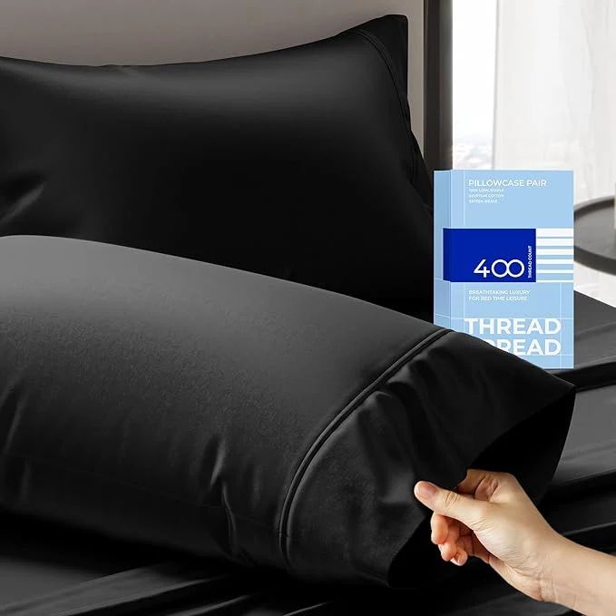 Modern THREAD SPREAD Cotton Pillow Cases Queen Size Set of 2 - Luxury 400 Thread Count Queen Pillow Cases Black Soft Cooling Breathable Hotel Quality Cotton Pillowcases Fits Standard Pillows Solid