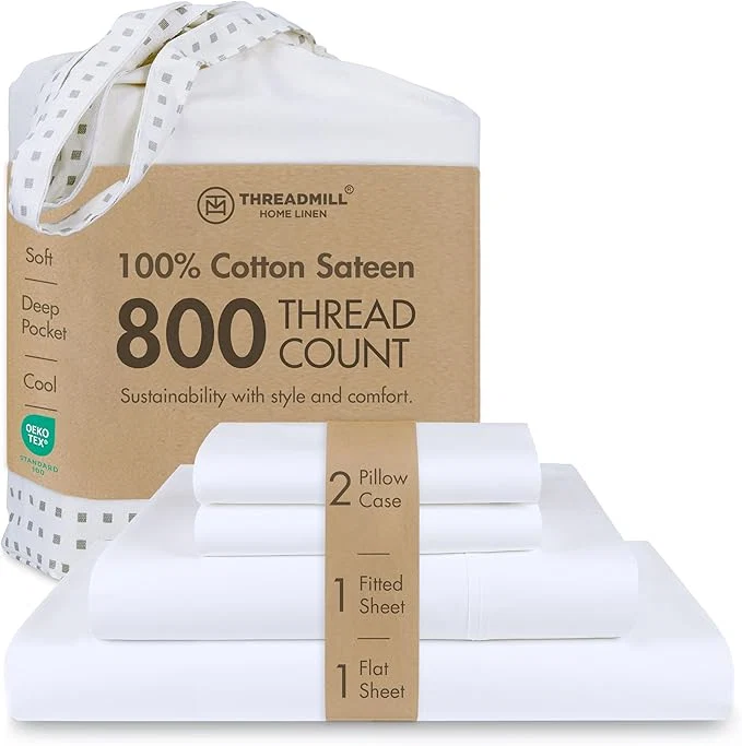 Outstanding Threadmill Luxury Queen Sheet Set 800 Thread Count for Queen Size Bed - Hotel White Sateen Queen Bed Sheets Better Than Egyptian Cotton 4 Pc Solid Soft Breathable Bed Set Fits 16 quot Deep Pocket Excellent