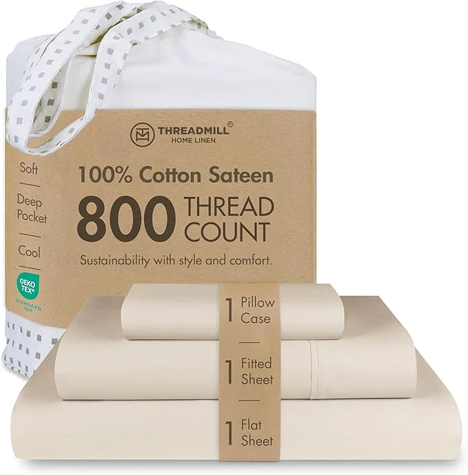 Consistent Threadmill Luxury 800 Thread Count Cotton Sheets - Light Beige Sateen Weave Twin Size Bed-Sheets Better Than Egyptian Cotton 3 Pc Solid Soft Bedding Set Fits 15 quot Deep Pocket Advanced