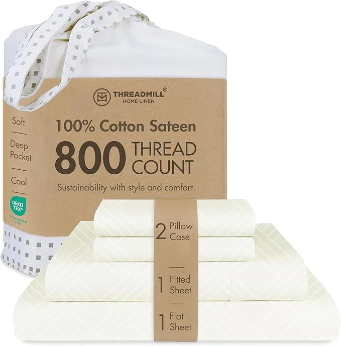 Soft Threadmill Luxury Cotton Queen Bed-Sheets - 800 Thread Count Jacquard Celine Ivory Better Than Egyptian Cotton 4 Pc Striped Bed Set Damask Sheets with Elasticized Deep Pocket Natural